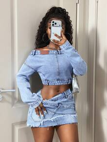 BamGleam Women's Off-Shoulder Denim Casual Versatile Daily Wear Top - Blue - View 6