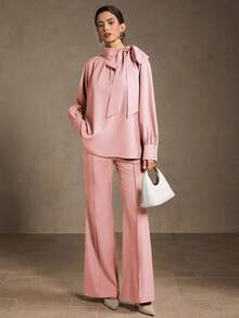 MOTF WOMEN'S PREMIUM OVERSIZED BOW TIE RUCHED LANTERN SLEEVE BLOUSE - Pink - View 3