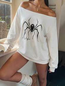 SHEIN EZwear 女款不對稱肩寬鬆休閒長袖衛衣，蜘蛛圖案，街頭風 Y2K，返校季 - 白色 - 查看 2