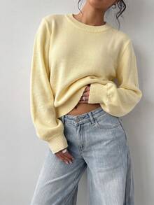 SHEIN BASICS 女款素色圓領長袖休閒寬鬆毛衣 - 黃色 - 查看 5