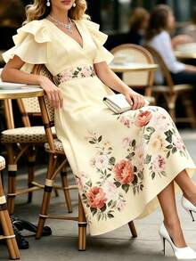 Balvessa Commuter Fashion Elegant Long Multi-Layer Ruffle Dress - Pale Yellow - View 4