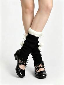 ROMWE Anime 2 Pairs Of Black And White Solid Color Hairball Leg Covers, Cute Style Plush Edge Socks, Versatile Stacking Socks Covers - 黑白毛球 - 查看 5