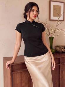 EastFlair Plus Size Women's Solid Color Frog Button Design Short Sleeve Chinese Style Shirt - Black - View 3