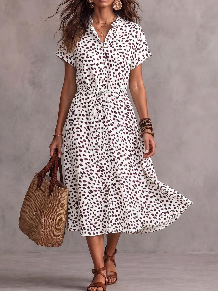 SHEIN Holidaya Button V-Neck Cinched Waist Short Sleeve Dress