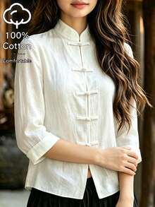 SHEIN Blus Pendek Gaya Cina Retro Minimalis Longgar Sehari-hari, Terbuat dari Kain Putih Murni Bertekstur, Kerah Tegak, Penutup Kancing Depan, 5 Kancing Gaya Cina, Kancing Katak Satu Karakter, Manset Lipat 3/4. - Putih - View 5