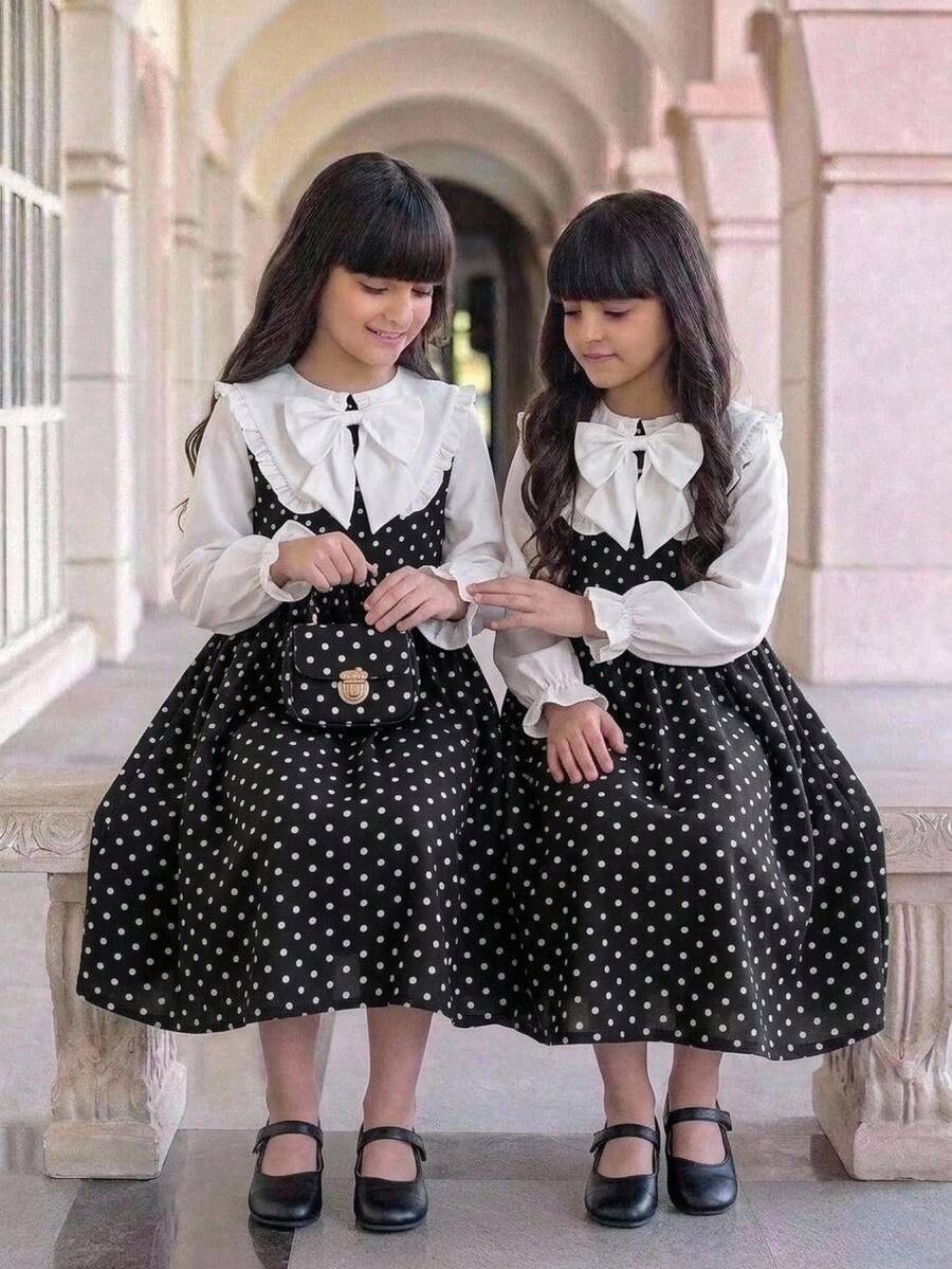 SHEIN Tween Girkids Long Sleeve Contrast Color Cinched Waist Bow Exaggerated Large White Ruffle Collar Long Polka Dot Dress Autumn/Winter - Black - View 1