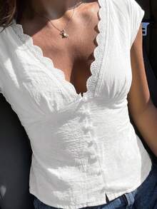 Firerie Women's Color Block Lace Deep V-Neck Sleeveless Sexy Romantic Blouse, Elegant Shirt, Vacation Suitable For Spring And Summer White - White - View 1