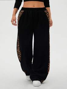 Easura Celana Panjang Kasual Ukuran Besar Streetwear Motif Leopard dengan Panel Samping dan Potongan Lebar untuk Musim Dingin - Hitam - View 4
