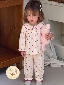 2pcs Baby Girl Cozy Soft Crinkle Fabric Polka Dot Print Collared Button-Up Long Sleeve Pants Pajama Set - Baby Pink - View 8