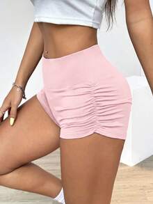 SHEIN EZwear 2件組女款休閒運動風極簡純色百褶單車短褲，適合夏季瑜伽健身房，秋季、聖誕、新年，白色淺粉色 - 彩色 - 查看 6