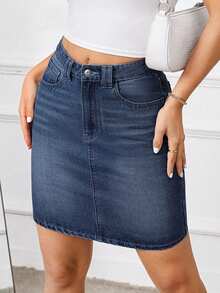 SHEIN Tall 女款休閒中腰牛仔迷你裙，附口袋 - 深色水洗藍 - 查看 1