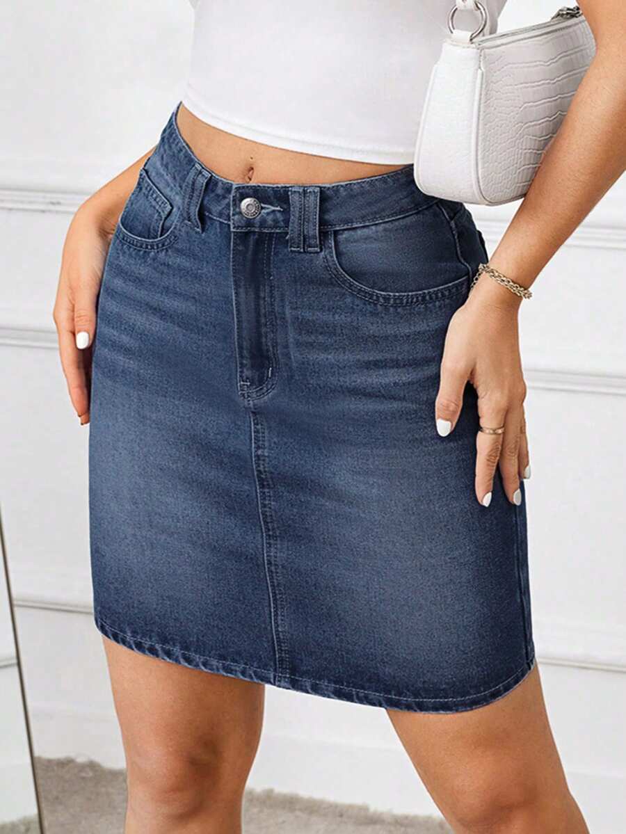SHEIN Tall 女款休閒中腰牛仔迷你裙,附口袋 - 深色水洗藍 - 查看 1