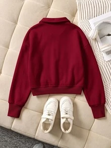 SHEIN 少女前拉鍊長袖極簡短版運動衫，休閒日常穿著，畢業長袖上衣，返校穿搭，畢業穿搭，返校 - 紅色 - 查看 7