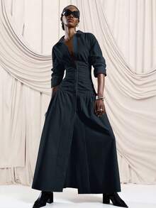 LYSMO Women's Front Button Long Side Slit Dress Dinner Office Black Autumn Elegant - Navy Blue - View 8