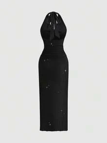 Sunnyshic Women's Summer Dress With Shimmering Draped Neckline, Halter Tie, Metal Starfish Buckle, High Slit, Elegant Sweet Sexy Party Date Romantic Vacation Beach Dress, Beach Outfit - Black - View 2