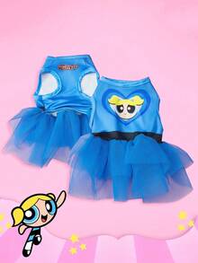 THE POWERPUFF GIRLS X PETSIN 1件黃色大眼女孩愛心印花寵物洋裝，藍色極簡風，超柔軟親膚透氣，讓你的小貓或小狗可愛又舒適，適合日常穿著、派對或單純想幫牠們打扮 - 藍色 - 查看 1