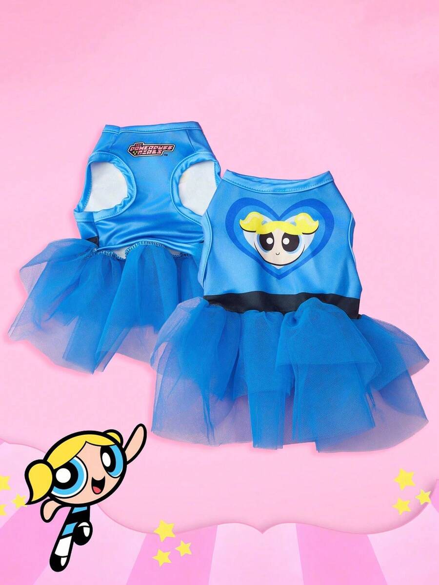 THE POWERPUFF GIRLS X PETSIN 1件黃色大眼女孩愛心印花寵物洋裝,藍色極簡風,超柔軟親膚透氣,讓你的小貓或小狗可愛又舒適,適合日常穿著、派對或單純想幫牠們打扮 - 藍色 - 查看 1