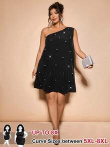 SHEIN CURVE+ Plus Size Women Asymmetrical Shoulder Pearl Decor Elegant Dress - Black - View 1