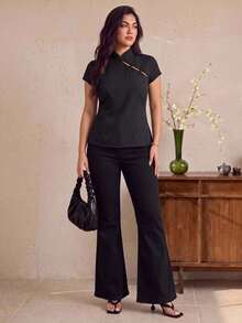 EastFlair Plus Size Women's Solid Color Frog Button Design Short Sleeve Chinese Style Shirt - Black - View 5
