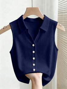 SHEIN Franclia 女款羅紋無袖修身背心上衣，翻領設計，優雅休閒通勤度假風，適合夏季、春季、情人節、浪漫約會、海灘、婚禮、生日、外出 - 寶藍色 - 查看 3
