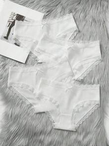 SHEIN 4 cái/gói quần lót bé gái đi học tuổi teen dễ thương mùa hè, viền ren, trang trí nơ, cạp chun, phối màu đa sắc, vải polyester thoáng khí cho bé trai - Nhiều màu - Xem 6