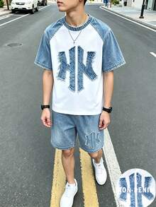 SHEIN 青少年男孩數位英文圖案短袖上衣與短褲套裝，春夏休閒舒適時尚款，適合外出、戶外運動、野餐、街拍、度假、假期，適合作為禮物 - 彩色 - 查看 4