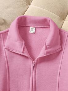 SHEIN 青少年女孩前拉鍊長袖極簡短版運動衫，休閒日常穿搭，畢業長袖上衣，返校穿搭，畢業穿搭，返校 - 粉色 - 查看 3