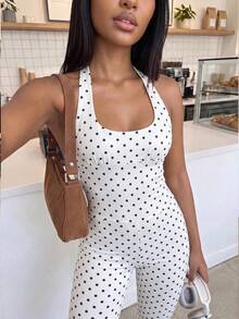 FavEase 女款修身波點貼身連身褲 夏季款 - 黑與白 - 查看 3