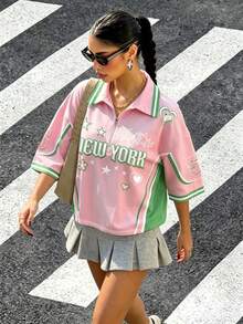 Aidyla 紐約標語圖案粉綠拼色 Y2K 女款時尚拉鍊翻領短袖寬鬆 T 恤 夏季日常休閒上衣 - 彩色 - 查看 5