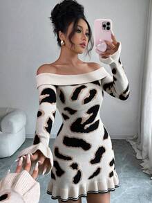 Elenzga Elegant Off-Shoulder Leopard Print Long Sleeve Ruffle Hem Sweater Dress For Women - Multicolor - View 1