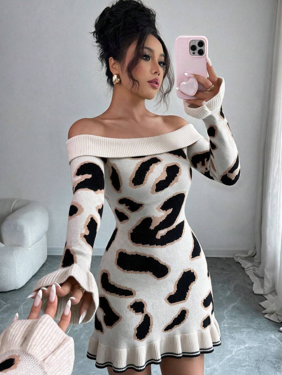 Elenzga Elegant Off-Shoulder Leopard Print Long Sleeve Ruffle Hem Sweater Dress For Women - Multicolor - View 1