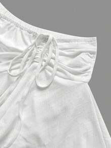 Sweetra Plus Size Elastic Waist Front Drawstring Asymmetrical Hem Skort - White - View 4