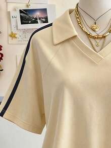 Lalippa Woven Strap Craft Fashion Minimalist Women's Lapel V-Neck Drop Shoulder Short Sleeve T-Shirt, Gift For Friends - Apricot - View 4
