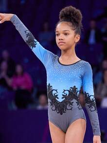 SHEIN 青少年女孩長袖連身運動體操服，圓領修身高彈力體操服，漸層紮染圖案，精緻印花，舒適彈性，適合日常訓練、隊服、體操表演及學校舞蹈發表會 - 寶藍色 - 查看 6