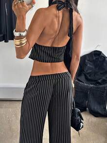 StreetHx Women's Streetwear Halter Neck Tank Top Slim Fit Striped Suit Set - Black - View 2