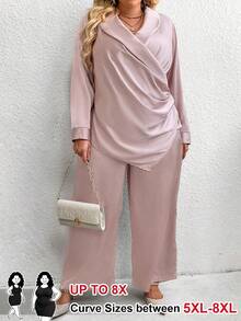 SHEIN CURVE+ 2 piezas Conjunto de blusa de manga larga con cuello chal de unicolor y pantalones talla grande - Champán - Ver 1