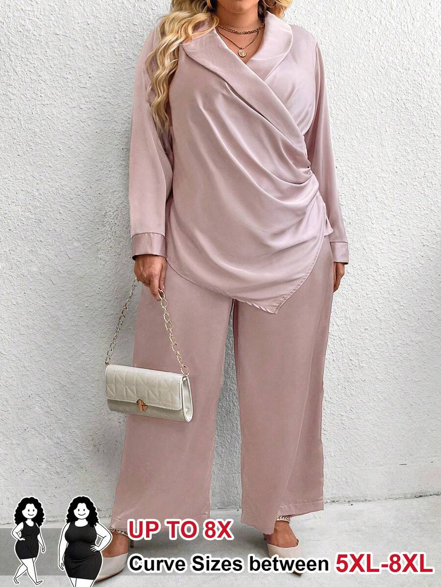 SHEIN CURVE+ 2 piezas Conjunto de blusa de manga larga con cuello chal de unicolor y pantalones talla grande - Champán - Ver 1