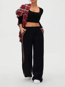 Easura Celana Panjang Kasual Ukuran Besar Streetwear Motif Leopard dengan Panel Samping dan Potongan Lebar untuk Musim Dingin - Hitam - View 3