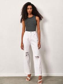 SHEIN BASICS 女款條紋圓領休閒百搭背心 - 巧克力棕 - 查看 5