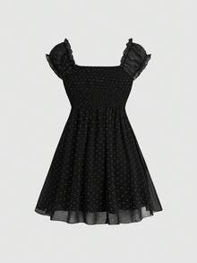 Sweetra Minimalist Sexy Style Black Lace Trim Polka Dot Short Sleeve Women's Dress, Waist-Flattering Slimming Skirt For Spring/Summer - Black - View 2