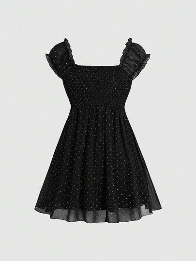 Sweetra Vestido de mujer de estilo minimalista y sexy con ribete de encaje negro y lunares, manga corta, falda que favorece la cintura y estiliza para primavera/verano