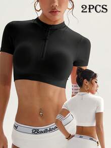 SHEIN Velisys 女款瑜伽半拉鍊背心上衣 - 黑與白 - 查看 2