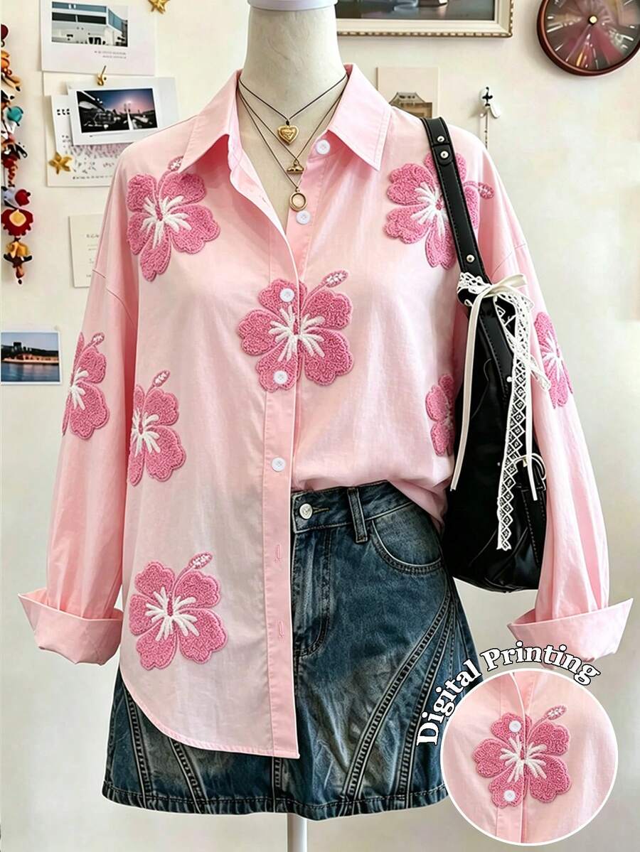 Lalippa 女款花卉刺繡落肩長袖單排扣休閒襯衫 - 彩色 - 查看 1