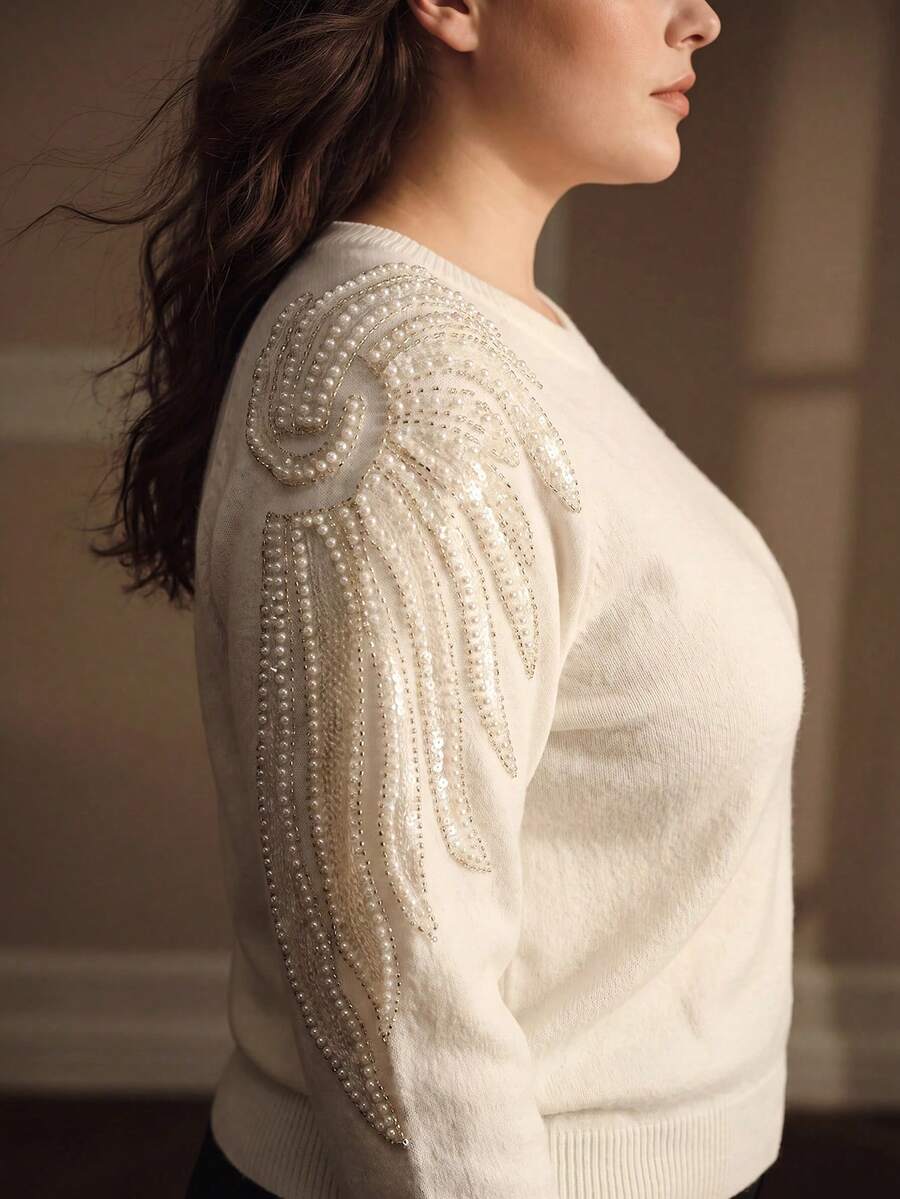 MOTF PREMIUM WOMEN'S PLUS SIZE ELEGANT BEADED DETAIL SWEATER - Beige - View 1