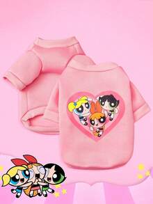THE POWERPUFF GIRLS X PETSIN 1件粉色愛心印花寵物衣服，可愛設計有3個小女孩在踢足球，不含帽子，厚實保暖適合秋冬，讓您的寵物在寒冷的日子裡保持舒適，適合室內依偎或戶外散步 - 粉色 - 查看 1