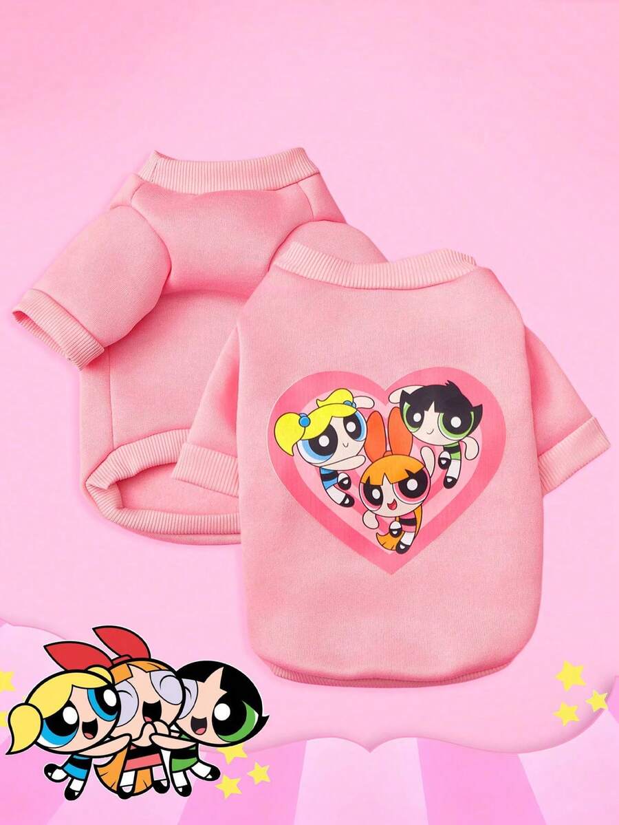 THE POWERPUFF GIRLS X PETSIN 1件粉色愛心印花寵物衣服,可愛設計有3個小女孩在踢足球,不含帽子,厚實保暖適合秋冬,讓您的寵物在寒冷的日子裡保持舒適,適合室內依偎或戶外散步 - 粉色 - 查看 1