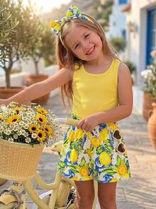 Emery Rose Kids Emery Rose Kids Bộ 2 món áo tank top sát nách và quần short họa tiết chanh mùa hè cho bé gái - Màu vàng - Xem 4