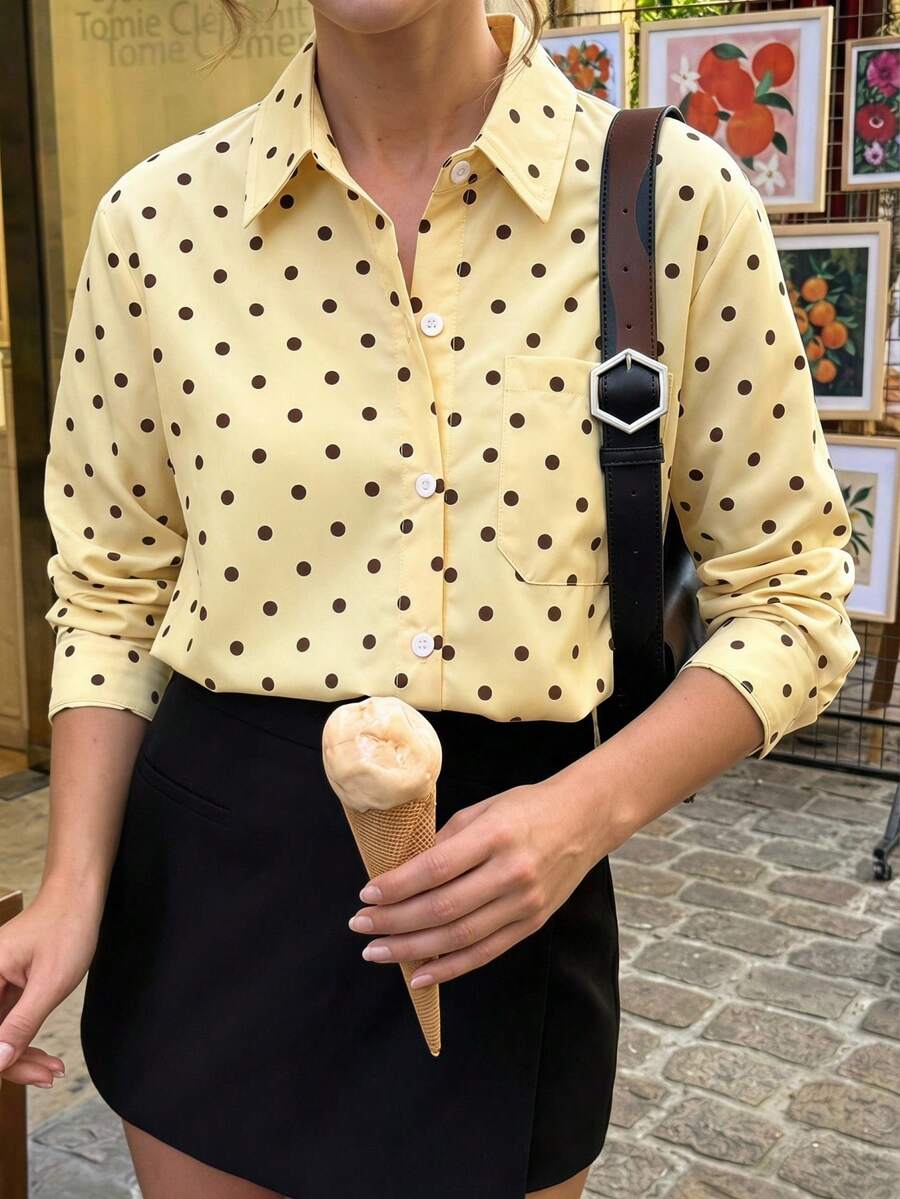 SHEIN 可愛休閒波點襯衫,復古寬鬆領口長袖襯衫,度假時尚黃色上衣,休閒日常百搭舒適鈕扣長袖襯衫,時尚學生襯衫,返校季,秋季,健身/體操,運動 - 黃色 - 查看 1