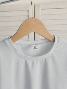 SHEIN 青少年女孩休閒純色寬鬆圓領捲袖短袖短版T恤 - 灰色 - 查看 5