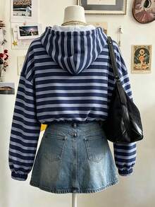 Lalippa Women's Striped Drop Shoulder Long Sleeve Casual Drawstring Hooded Sweatshirt - Multicolor - View 2